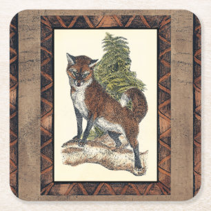 Rustic Fox Stepping on a Tree Trunk Square Paper Coaster