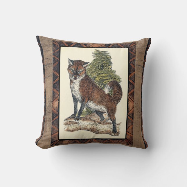Rustic Fox Stepping on a Tree Trunk Throw Pillow (Front)