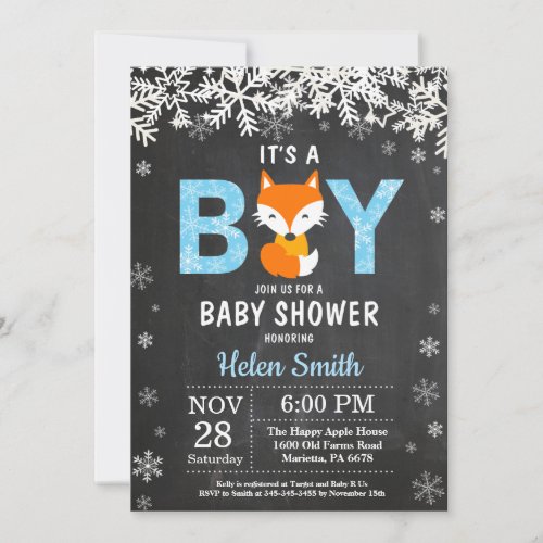 Rustic Fox Winter Boy Baby Shower Invitation