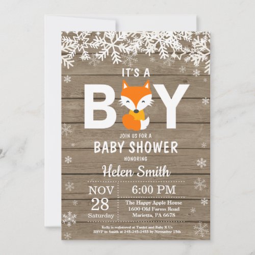 Rustic Fox Winter Boy Baby Shower Invitation