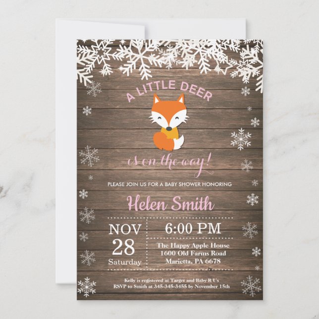 Rustic Fox Winter Girl Baby Shower Invitation (Front)