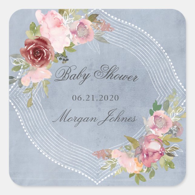rustic frame floral baby shower monogram square sticker (Front)