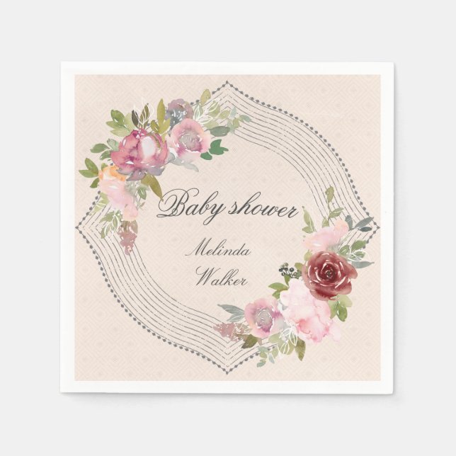 rustic frame pink burgundy floral baby shower napkins (Front)