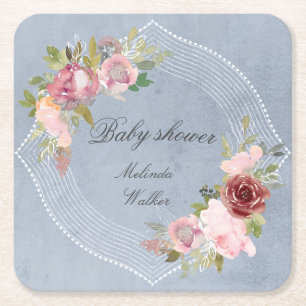 rustic frame pink burgundy floral baby shower square paper coaster