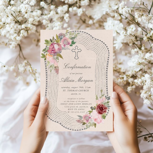 Rustic Frame Pink Burgundy Floral Confirmation Invitation (Creator Uploaded)