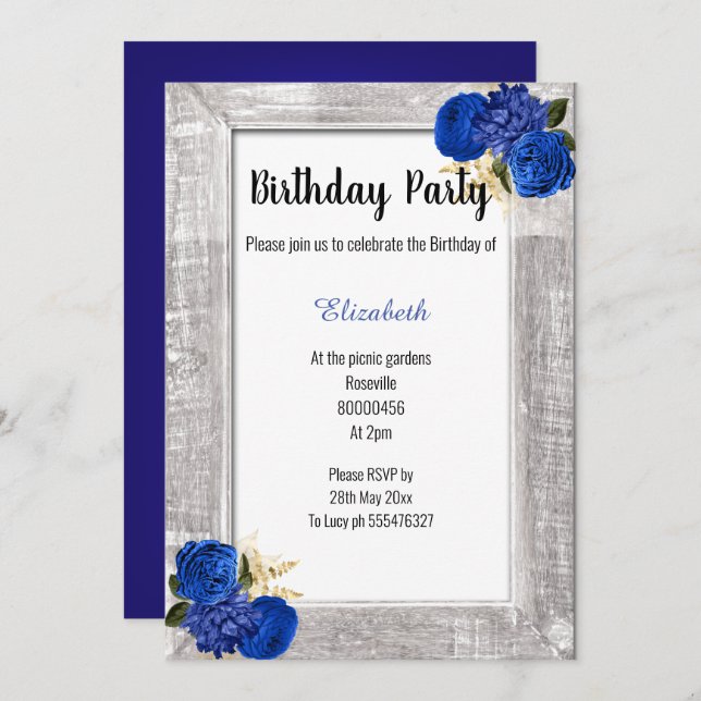 RUSTIC FRAME ROYAL BLUE FLORAL BIRTHDAY INVITATION (Front/Back)