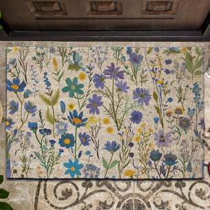Rustic French Blue Garden Wildflowers Fiber Doormat