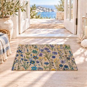Rustic French Blue Garden Wildflowers Fiber Doormat