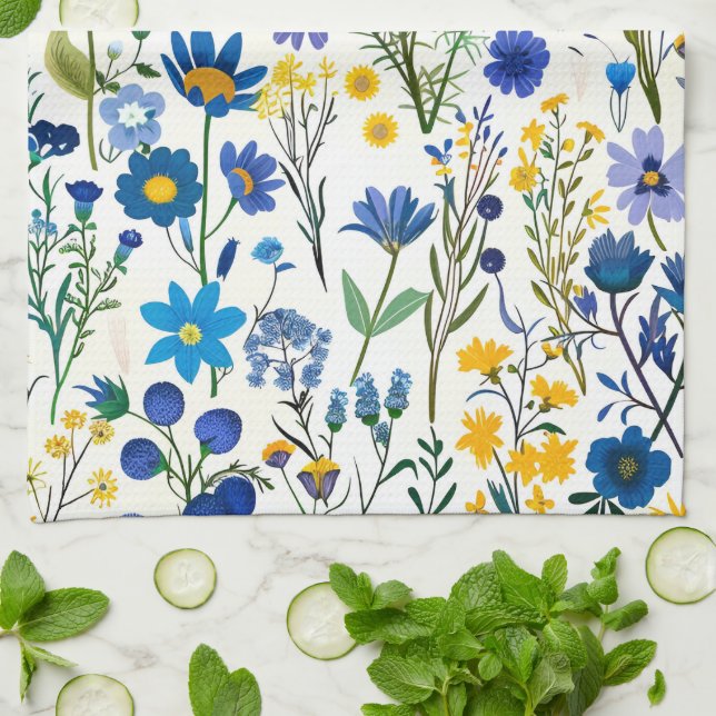 Rustic French Blue Garden Wildflowers Kitchen Towel (Folded)
