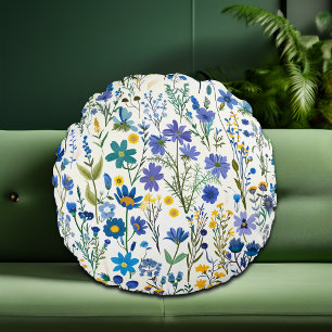 Rustic French Blue Garden Wildflowers Round Pillow