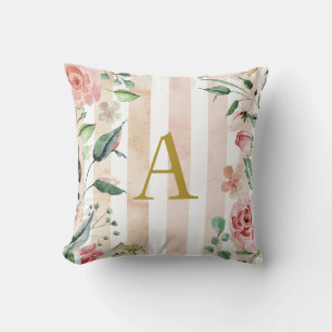 Rustic, french, candy pink striped floral throw pillow