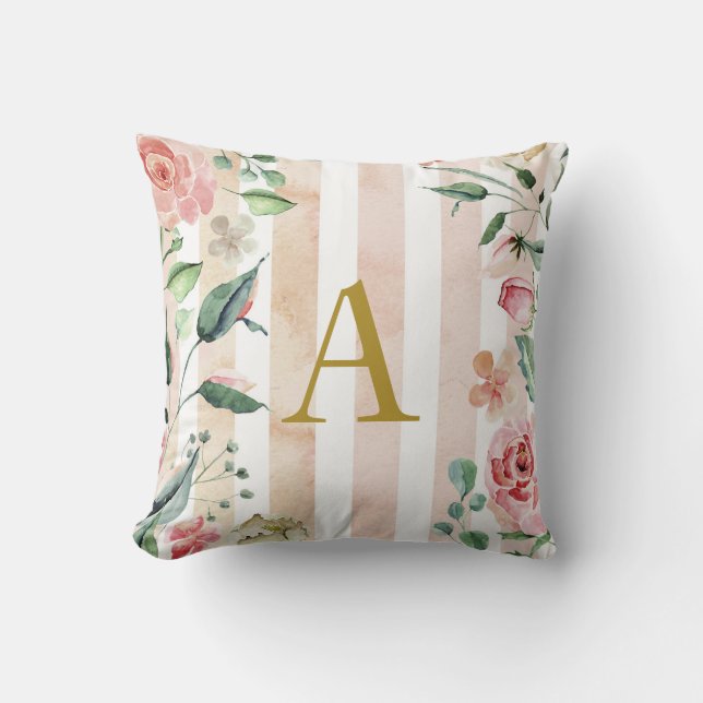 Rustic, french, candy pink striped floral throw pillow (Front)