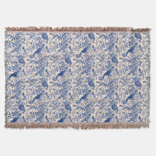 Rustic French Country Blue Toile de Jouy Throw Blanket