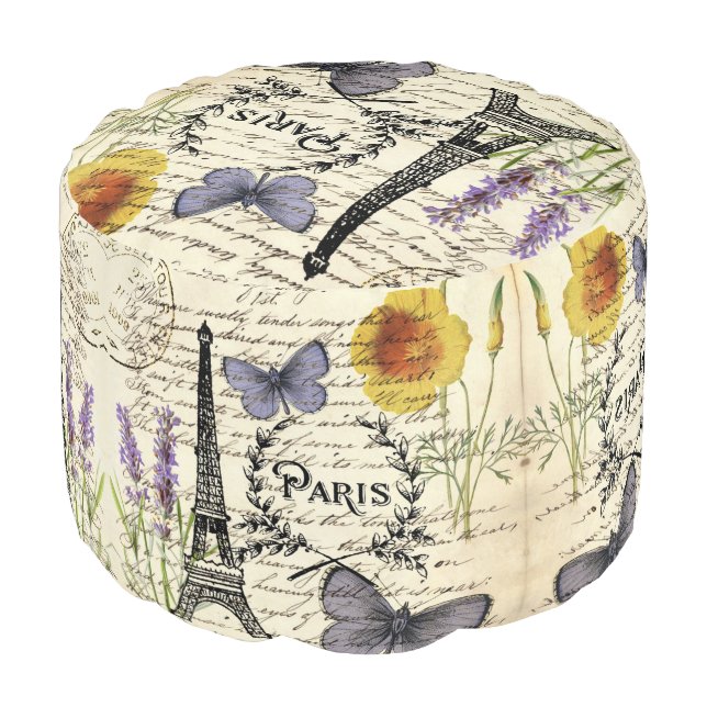 rustic french country scripts paris eiffel tower pouf (Angled Front)