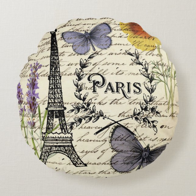 rustic french country scripts paris eiffel tower round pillow (Front)