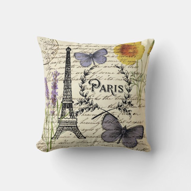rustic french country scripts paris eiffel tower throw pillow (Front)