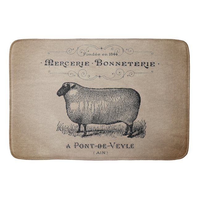 Rustic French Country Sheep Typography Farmhouse  Bath Mat (Front)