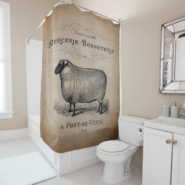 Rustic French Country Sheep Typography, French Country Bathroom Shower Curtains