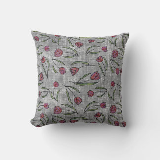 Rustic French Linen Tulip Pattern: Pink Floral Ele Throw Pillow