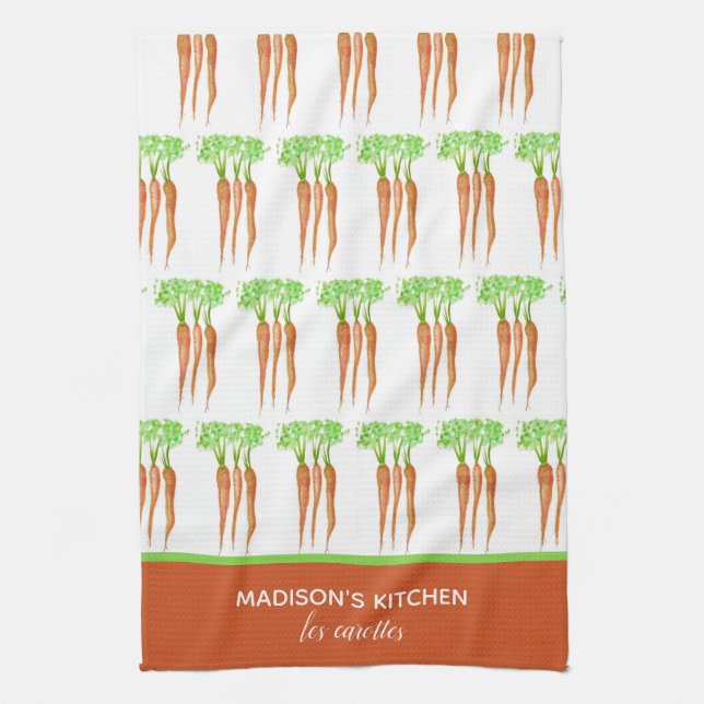 Rustic French Personalized Watercolor Carrots Kitchen Towel (Vertical)