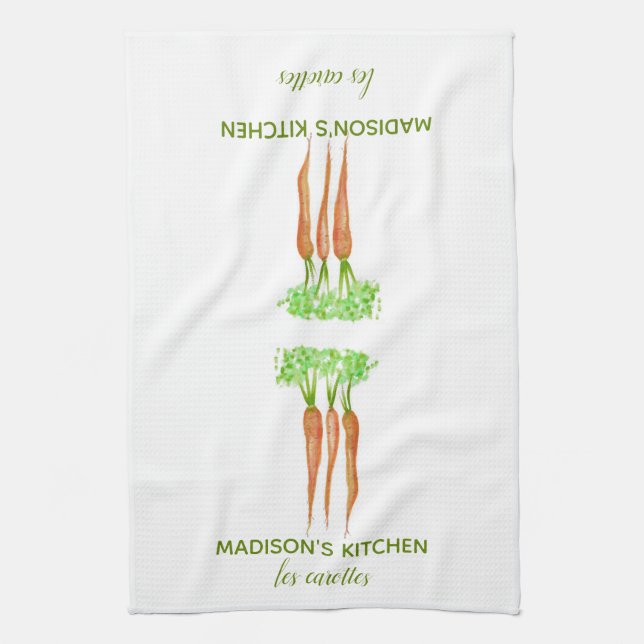 Rustic French Personalized Watercolor Carrots Kitchen Towel (Vertical)