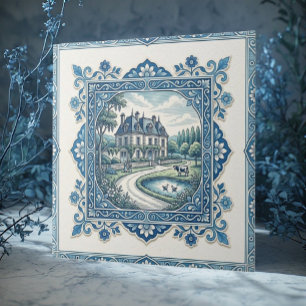 Rustic French Toile De Jouy Vintage Distressed Art Ceramic Tile