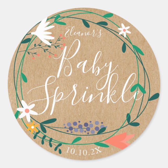Rustic fresh spring floral garland baby sprinkle classic round sticker (Front)