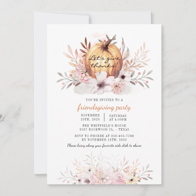 Rustic Friendsgiving Floral Fall Leaves Pumpkin Invitation (Front)