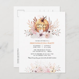 Rustic Friendsgiving Floral Fall Leaves Pumpkin Invitation Postcard