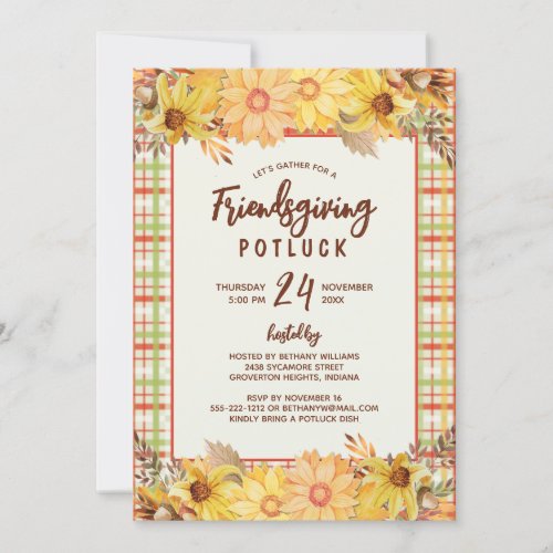 Rustic Friendsgiving Potluck Watercolor Floral Invitation