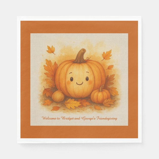 rustic Friendsgiving Pumpkin Autumn leaves  Napkins (Front)