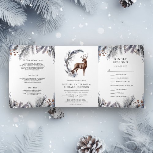 Rustic Frosted Pine Leaves Forest Deer Wedding Tri_Fold Invitation