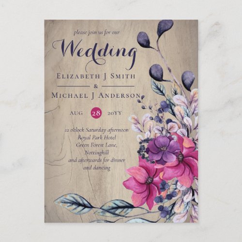 Rustic Fuchsia Floral Woodland Wedding Postcard