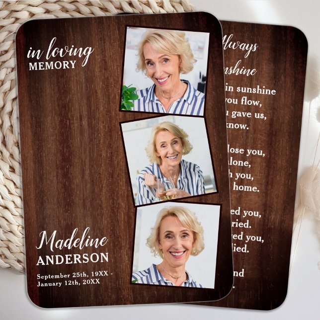 Rustic Funeral 3 Picture Memorial Prayer Card (Creator Uploaded)