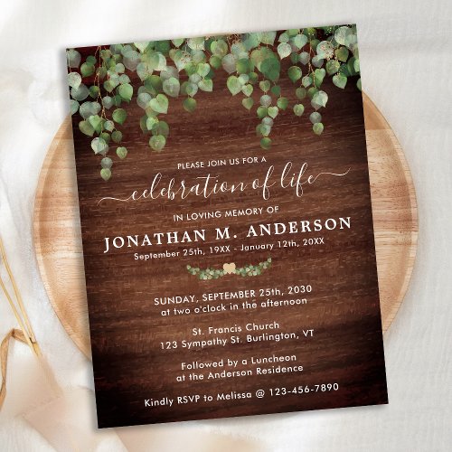 Rustic Funeral Greenery Celebration Of Life Invitation Postcard