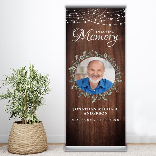 Rustic Funeral Memorial Custom Photo Greenery Wood Retractable Banner