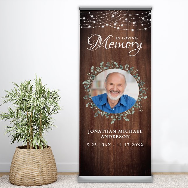 Rustic Funeral Memorial Custom Photo Greenery Wood Retractable Banner (Creator Uploaded)