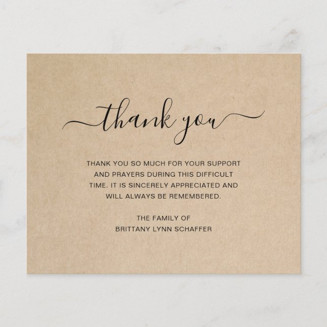 Rustic Funeral Sympathy Budget Thank You Card (Front)