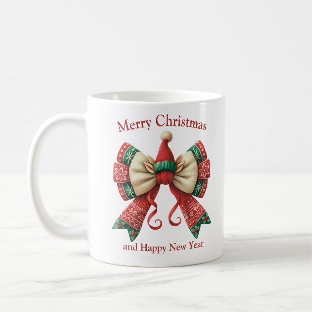 Rustic funny Christmas bow with elves hat Coffee Mug (Left)