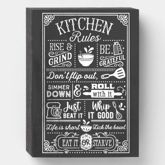 Rustic Funny Cooking Kitchen Rules List Wooden Box Sign (Front Vertical)