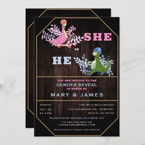 Rustic Funny Dinosaurs Foliage Gender Reveal Party Invitation