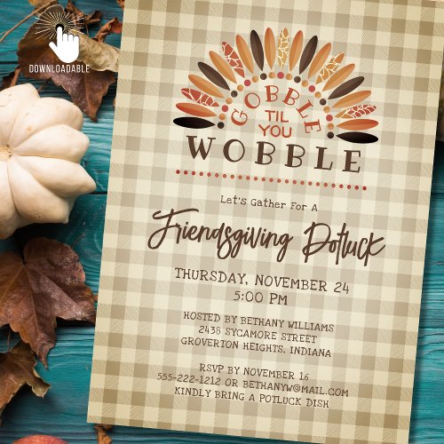 Rustic Funny Friendsgiving Potluck Turkey Plaid Invitation