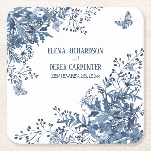 Rustic Garden Blue White Watercolor Floral Wedding Square Paper Coaster