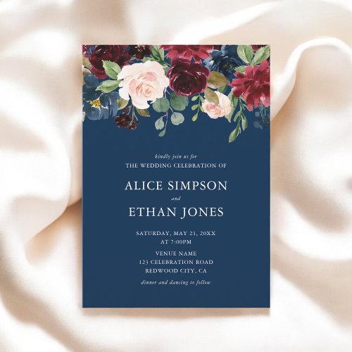 Rustic Garden Burgundy Blue Fall Wedding Invitation