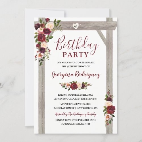 Rustic Garden Burgundy Blush Floral Birthday Party Invitation