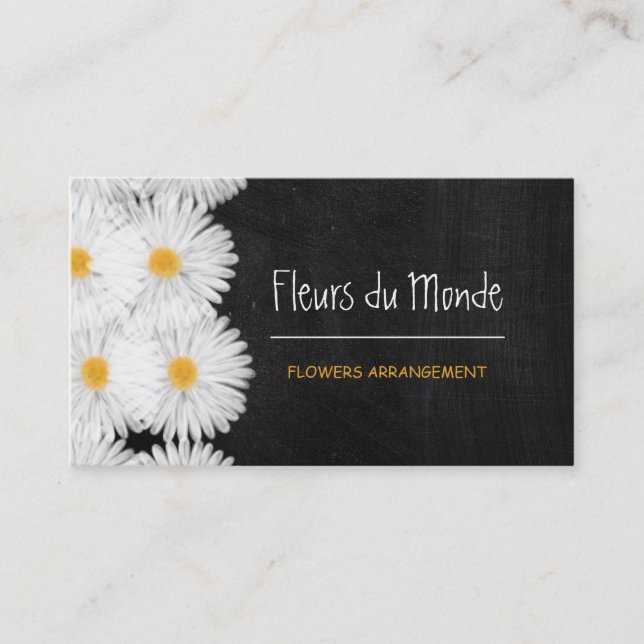 Rustic garden daisies chalkboard floral business card (Front)