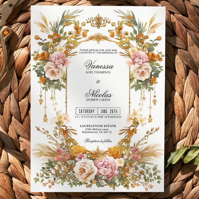 Rustic Garden Estate Blush Gold Floral Wedding  Invitation (Creator Uploaded)