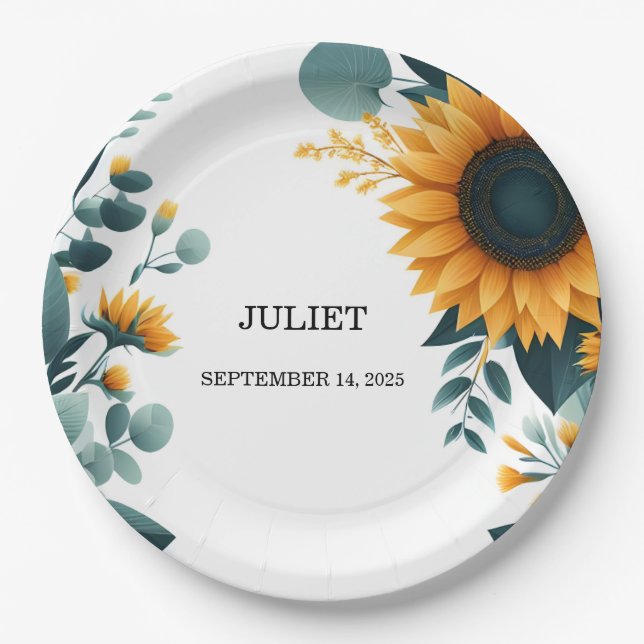Rustic Garden Greenery Sunflower Bridal Shower Paper Plates (Front)