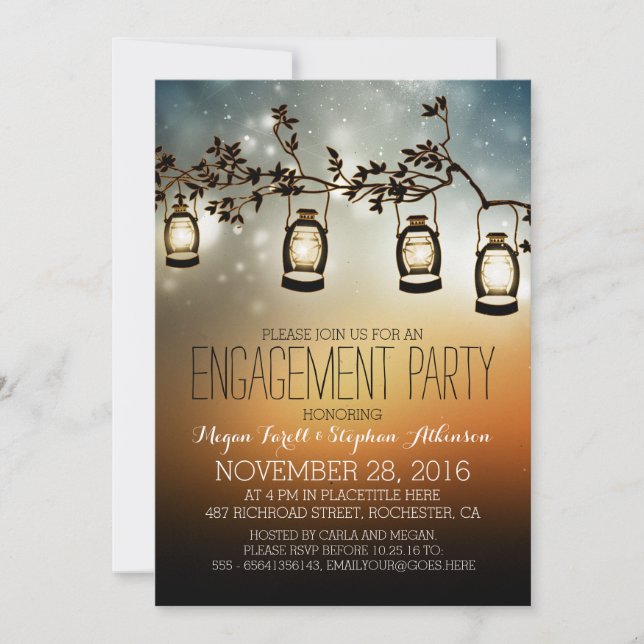 rustic garden lights - lanterns engagement party invitation (Front)