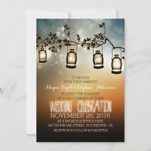 rustic garden lights - lanterns wedding invitation - Beautiful rustic country wedding invitation with garden lights - oil lanterns hanging on the branches of the old tree. Perfect wedding set for summer, spring, fall or winter wedding. Creative and modern design for outdoor wedding themes - woodland wedding, garden wedding, camping wedding, tree wedding etc. PLEASE NOTE that words wedding celebration are picture - you can delete it, move it or make it bigger / smaller after you push customize it button. ---------- If you push CUSTOMIZE IT button you will be able to change the font style, color, size, move it etc. it will give you more options! 


 
  


 
  


 
